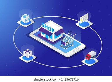 online shopping isometric creative illustration vector of graphic , people in online shopping isometric illustration vector , vector online shop isometric for website landing page