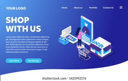 online shopping isometric creative illustration vector of graphic , people in online shopping isometric illustration vector , vector online shopping isometric for website landing page template