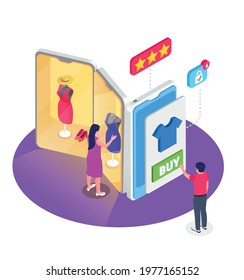 Online shopping isometric design concept with male and female characters choosing their own clothes online by smartphones vector illustration