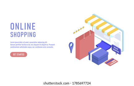 Online shopping isometric, e-commerce concept illustration