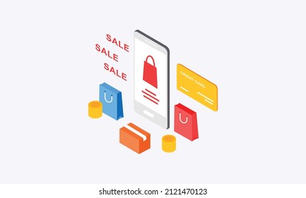 Online shopping isometric, e-commerce concept illustration