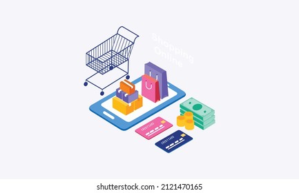 Compra en línea isométrica, ilustración de concepto de comercio electrónico
