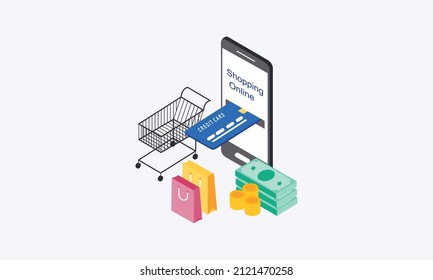 Online shopping isometric, e-commerce concept illustration
