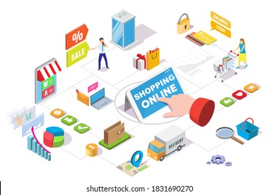 Online shopping isometric flowchart, vector illustration. Ecommerce, internet store sales and deals, mobile payment symbols, female cartoon character with shopping cart. Online ordering and delivery.