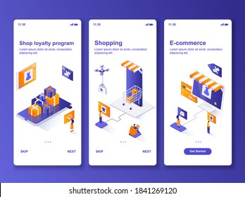 Online shopping isometric GUI design kit. Shop loyalty program, e-commerce templates for mobile app. Customer services UI UX onboarding screens. Vector illustration with tiny people characters.