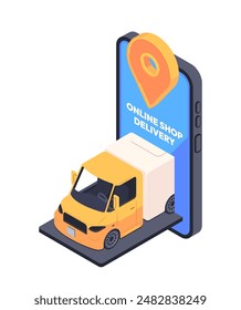 Online shopping. Isometric icon with cargo and parcel delivery truck driving out of smartphone screen. Ecommerce, logistics and shipping service. 3D vector illustration isolated on white background