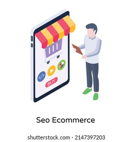 Online shopping, an isometric icon of SEO ecommerce 