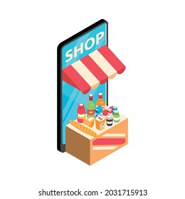 Online shopping isometric icon with smartphone food and drinks 3d vector illustration