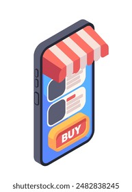 Online shopping. Isometric icon with online store or marketplace and buy button on smartphone screen. Ordering goods and delivery. Ecommerce on Internet. 3D vector illustration isolated on background