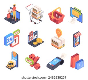 Online shopping. Isometric icons with shopping cart, trolley, delivery truck, parcel with order, online store and courier service. Ecommerce and internet marketing. 3D vector isolated illustration set