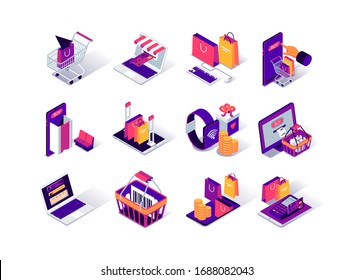 Online shopping isometric icons set. Internet marketplace mobile application. Payment by smartphone, smartwatch and computer. Digital marketing and advertising. Ecommerce platform 3d vector isometry.