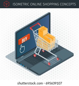 Online shopping isometric icons set. 3d shopping cart on a laptop keyboard. Concept about online shopping. Highly detailed vector illustration