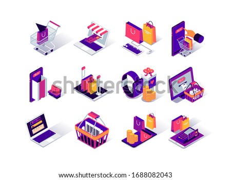 Online shopping isometric icons set. Internet marketplace mobile application. Payment by smartphone, smartwatch and computer. Digital marketing and advertising. Ecommerce platform 3d vector isometry.