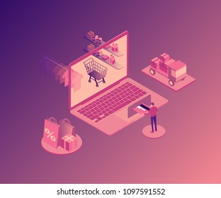 Online shopping isometric illustration with laptop, stores orders, buyer with credit card isolated vector illustration