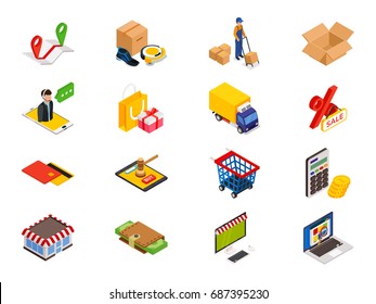 Online shopping - isometric items with things, cart, shop, bag, calculator, credit card, computers, money in wallet, map, gift, delivering man and car.