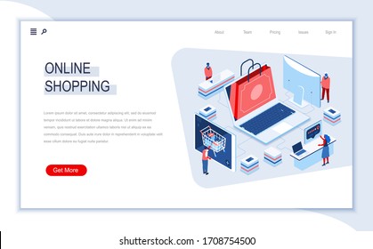 Online Shopping Isometric Landing Page. E-commerce Business, Web Solution For Online Shopping Platform, Customer Consultation. Digital Technology And Devices. People In Work Situation Vector Isometry.