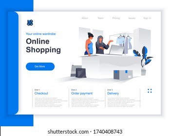 Online shopping isometric landing page. Marketer showing goods to client at laptop screen in store situation. Online choosing and buying goods in internet marketplace perspective flat design.