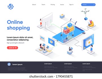 Online-Shopping isometrische Landung Seite. E-Commerce-Geschäft, Web-Lösung für Online-Shopping-Plattform, Bestellung und Lieferung isometry Webseite. Website flache Vektorgrafik mit Menschen Zeichen.