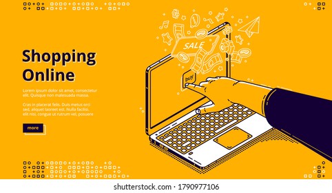 Online shopping isometric landing page, customer purchasing in digital store choose goods in internet market. Buyer hand push on buy button on laptop screen, cyber shop 3d vector line art web banner