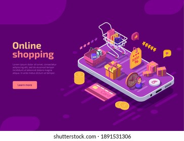 Online shopping isometric landing page template, web banner on purple background. Supermarket cart with purchases, boxes, gifts and basket on screen of mobile device. E-commerce store concept.