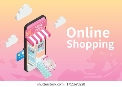 Online shopping isometric on website or mobile application vector, Stair is receipt, World map background, Pastel colors, marketing and digital marketing and delivery concept.