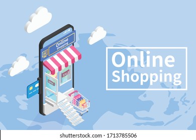 Online shopping isometric on website or mobile application vector, Stair is receipt, World map background,  marketing and digital marketing and delivery concept.