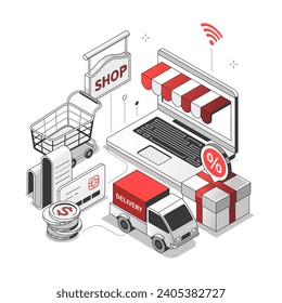 Compras en línea - ilustraciones de línea roja y negra isométricas. Selección, pedido y entrega de productos a través de Internet. Idea de comercio electrónico. Portátil, tienda, descuento, imágenes de entrega