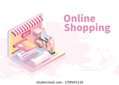 Online shopping isometric, Scooter bike deliver on a laptop keyboard, World map background, Pastel colors, Online shopping and delivery concept.