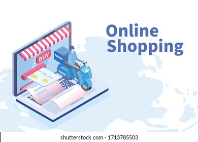 Online shopping isometric, Scooter bike deliver on a laptop keyboard, World map background,  Online shopping and delivery concept.