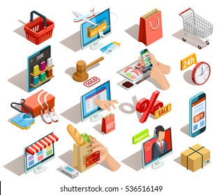 Online shopping isometric shadow icons collection with grocery travel books and clothing  ecommerce stores orders isolated vector illustration 