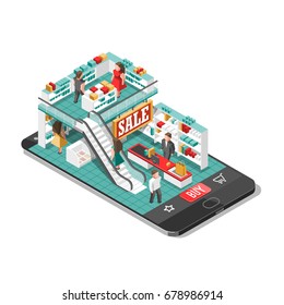 Online shopping isometric shadow illustration with mobile phone stores orders isolated vector illustration 