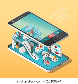 Online Shopping Isometric Shadow Illustration With Mobile Phone Stores Orders Isolated Vector Illustration