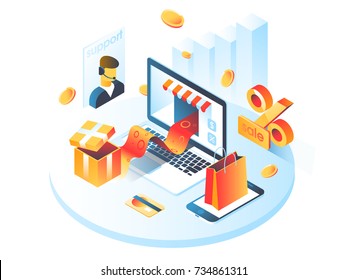 Online shopping isometric shadow illustration with mobile phone, laptop, stores orders isolated vector illustration