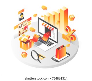 Online shopping isometric shadow illustration with mobile phone, laptop, stores orders isolated vector illustration