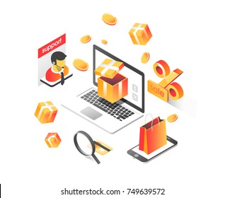 Online shopping isometric shadow illustration with mobile phone, laptop, stores orders isolated vector illustration
