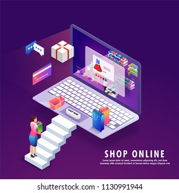 Online shopping, isometric online store, landing page design with credit or debit card, delivery box, shopping bag and buy now button.