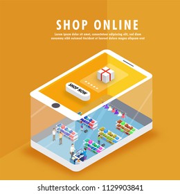 Online shopping, isometric shopping store on a smartphone, many people checking out products with Shop Now button, mobile app or landing page design. Can be used for advertisement, infographic, game.