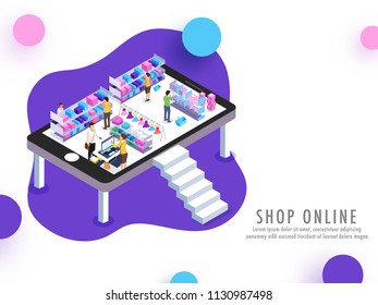 Online shopping, isometric shopping store on a smartphone, many people checking out products,mobile app or landing page design. Can be used for advertisement, infographic, game or mobile apps icon.  