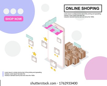 Banner vectorial isométrico de compras en línea, anuncio 