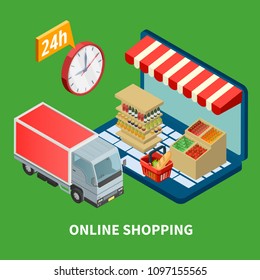 Online shopping isometric vector illustration with grocery store opened around the clock and delivery truck