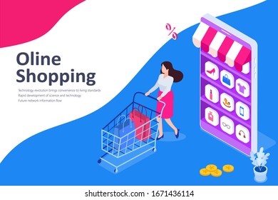 Online shopping isometric vector illustration, young women with shopping cart,Vector illustration in flat style.