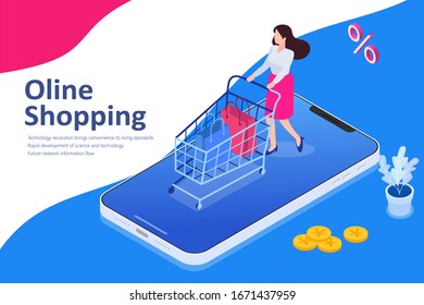 Online shopping isometric vector illustration, young women pushing shopping cart on mobile phone,Flat vector illustration.