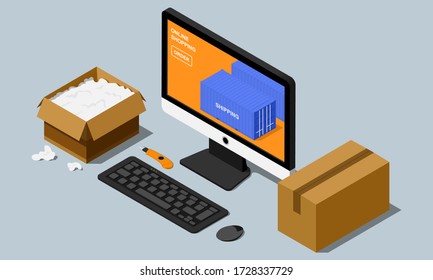Online-Einkauf isometrische Vektorgrafik. Warenbestellungs- und Lieferkonzept.