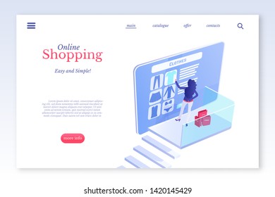 Online Shopping isometric vector landing page template. Online shopping, ecommerce, 3d concept. Clients choosing clothes cartoon characters. Internet clothing store. Buyers making purchases