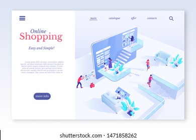 Online Shopping isometric vector landing page template. Online shopping, ecommerce, 3d concept. Clients choosing clothes cartoon characters. Internet clothing store. Buyers making purchases