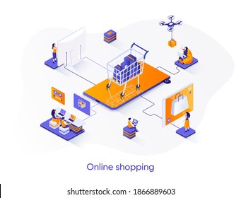 Online shopping isometric web banner. E-commerce platform isometry concept. Web solution for online shopping 3d scene, order and delivery application design. Vector illustration with people characters