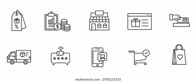 Online Shopping Item line Icon Set . Marketing, , consumer, branding, modern . Vector Illustration