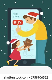 Online shopping for kids toys. Man buy teddy bear for his little daughter. Flat vector illustration with cartoon characters. The Christmas  sale. 