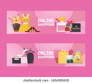 Online shopping for ladies vector illustration. Big sale. Electronics, fragrances, jewelry and womens cloths. Making online shopping banner on pink background.