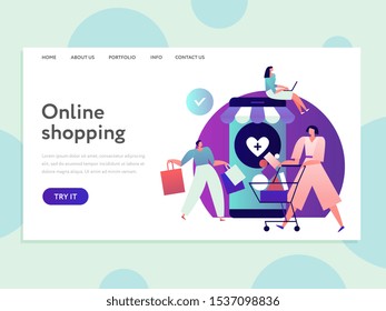 Online shopping landing. Internet purchasing and easy delivery app. E-commerce and secure transactions web page vector design